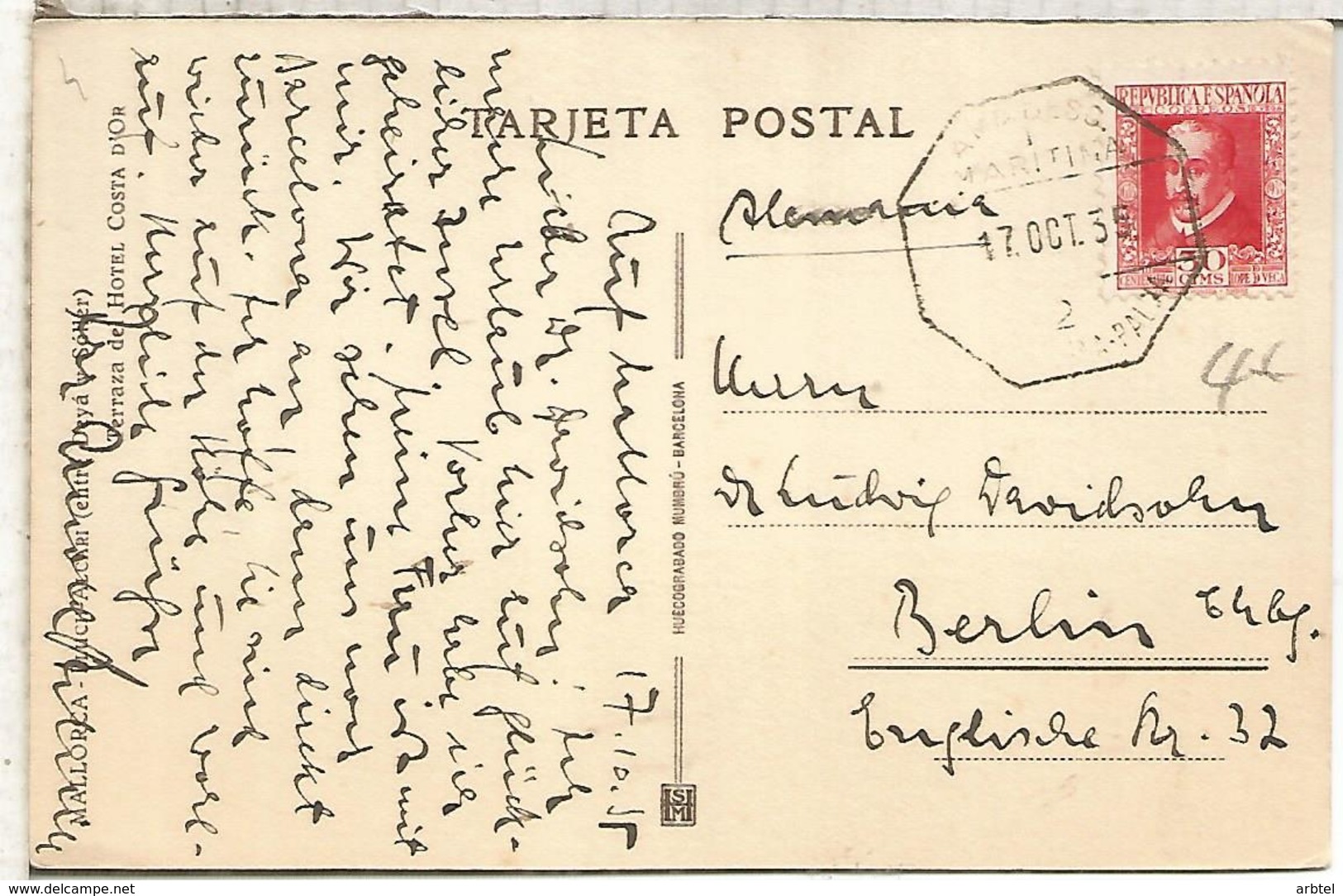 SEGUNDA REPUBLICA TP A BERLIN 1935 CON MAT AMBULANTE MARITIMO - Cartas & Documentos