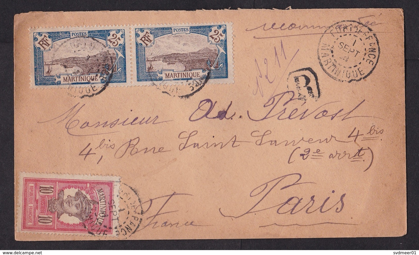 Martinique: Registered Cover To France, 1921, 3 Stamps, Landscape, Lady, 60c Rate (minor Discolouring, Tape Over Seal) - Brieven En Documenten