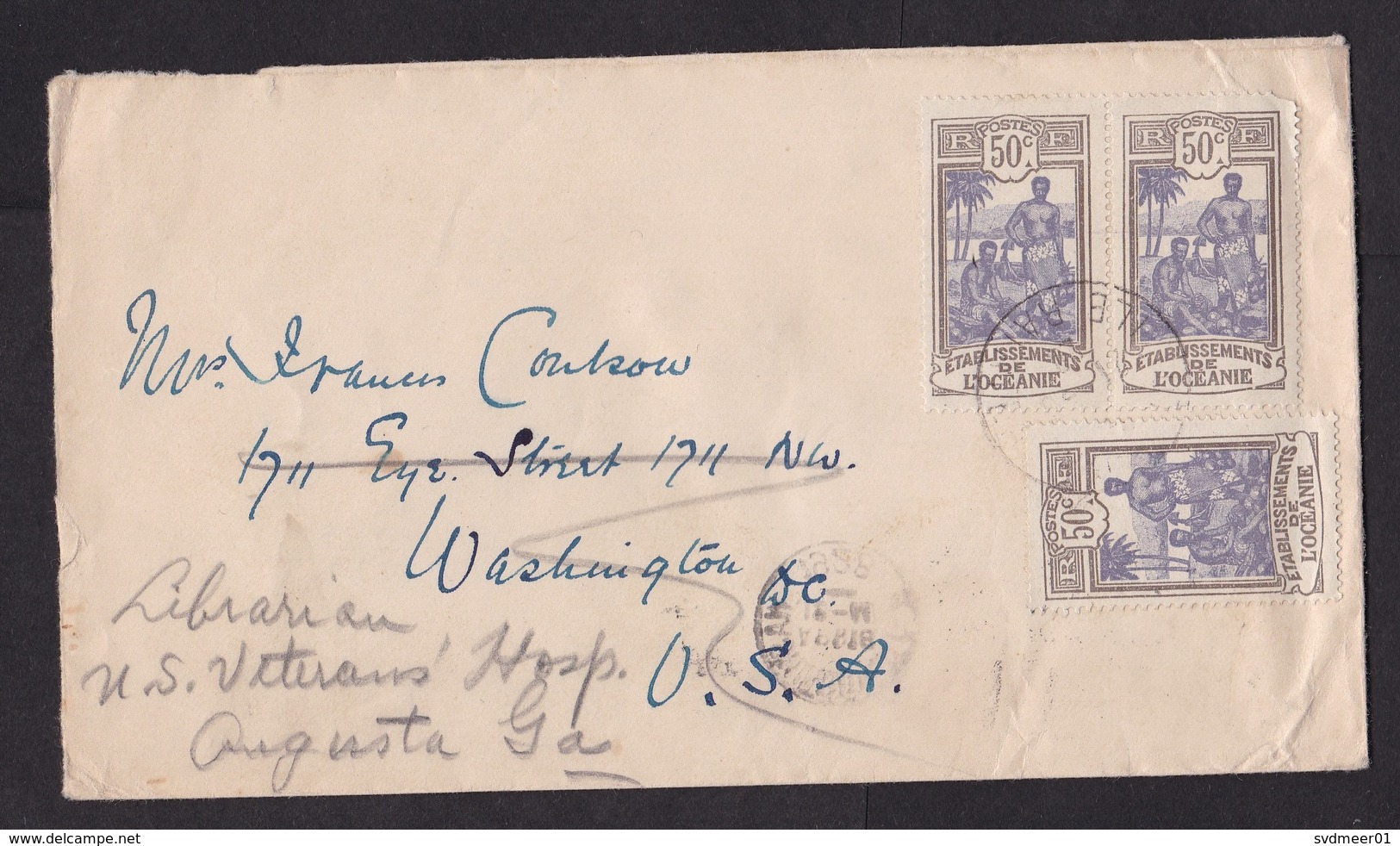 French Oceania: Cover To USA, 1928, 3 Stamps, People, Forwarded To Veterans Hospital (minor Damage, See Scan) - Brieven En Documenten