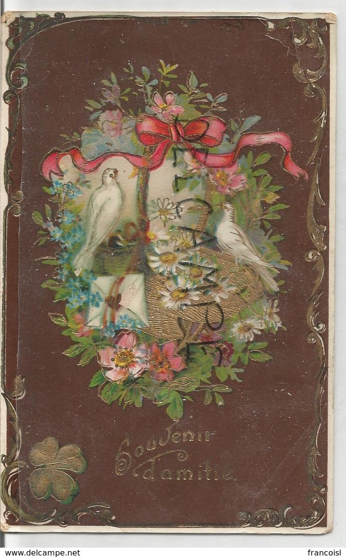 Souvenir D'amitié. Deux Colombes, Enveloppe, Panier De Fleurs. Dorée. Glacée. - Souvenir De...