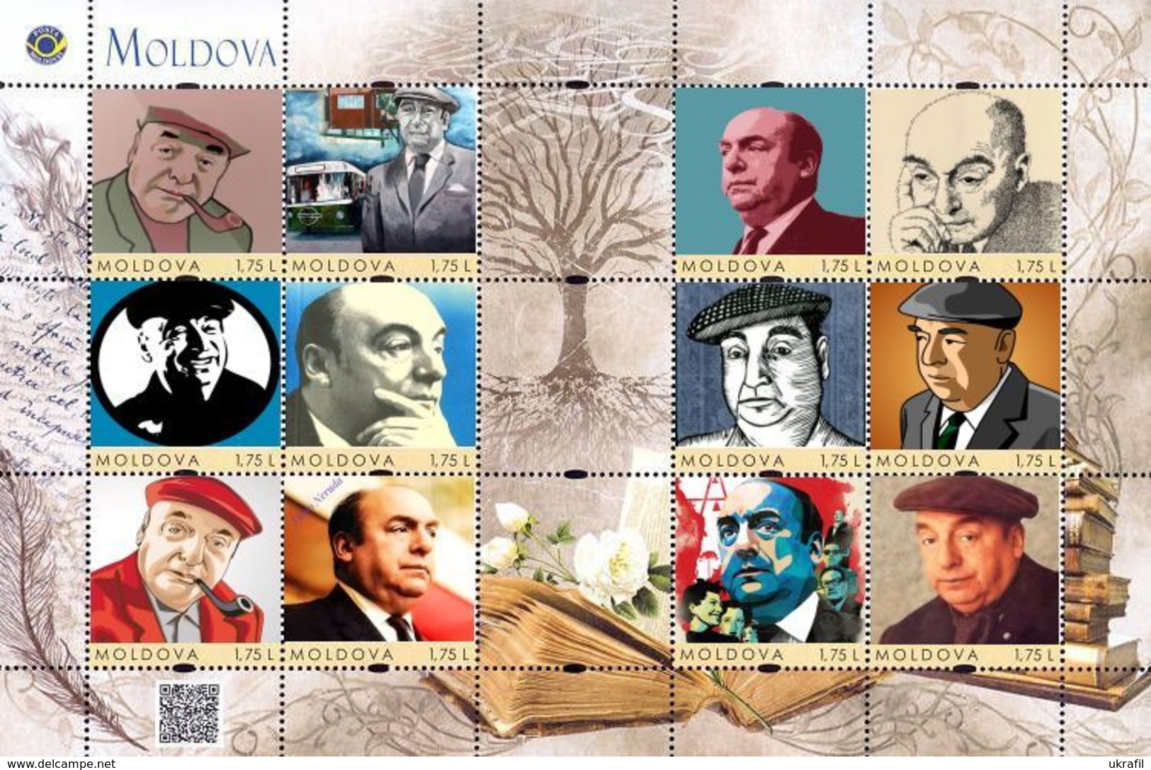 Moldova 2019, World Literature, Poet Pablo Neruda, Sheetlet Of 12v - Moldavië