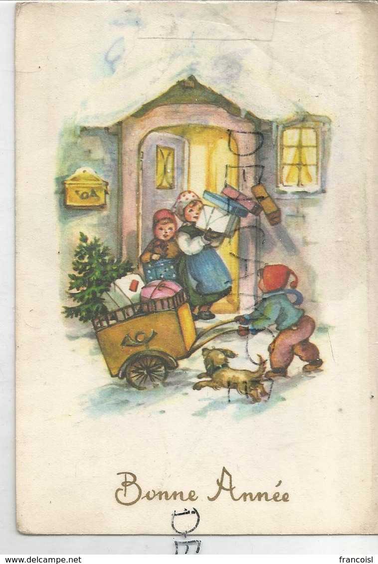 Petit Facteur Apporte Des Cadeaux. Chien Aboie, Enfants Renversent Les Cadeaux. - Poste & Facteurs