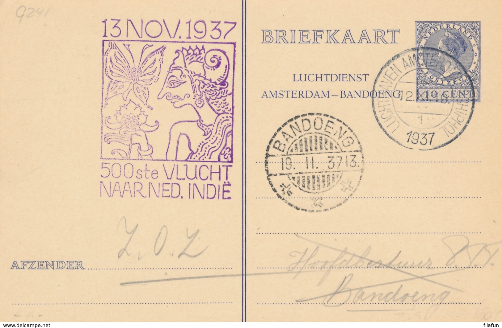 Nederland - 1937 - 10 Cent Veth, Luchtdienst A'dam-Bandoeng, Briefkaart G241 Van Amsterdam Naar Bandoeng / Ned. Indië - Postal Stationery