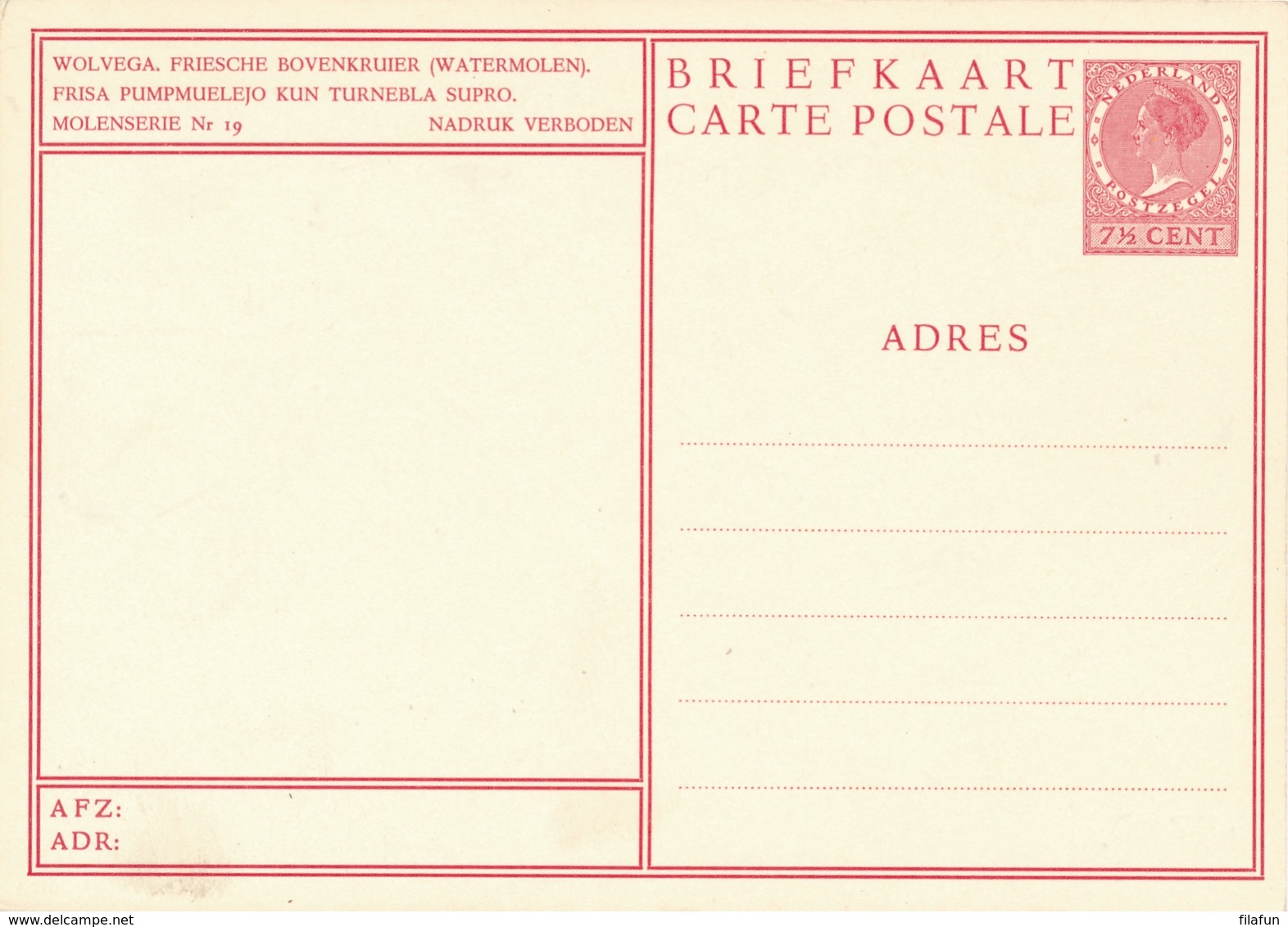 Nederland - 1939 - 7,5 Cent Veth, Briefkaart G254s - Ongebruikt - Friesche Bovenkruier Watermolen Wolvega - Entiers Postaux