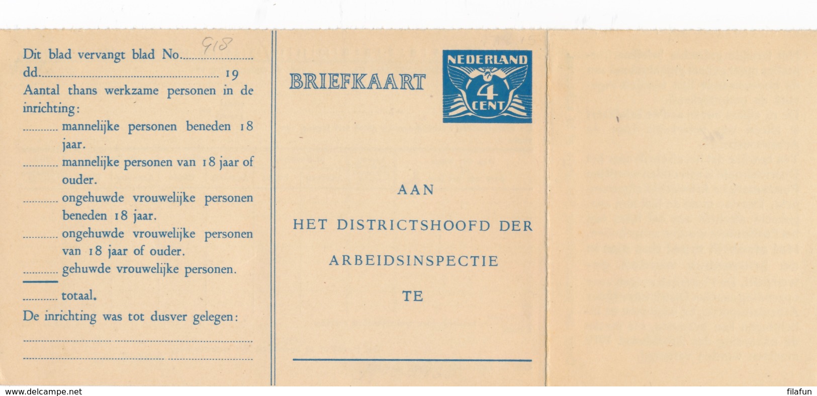 Nederland - 1937 - 4 Cent Lebeau, Arbeidslijst Briefkaart G18 - Ongebruikt - Met Aanhangsel - Ganzsachen