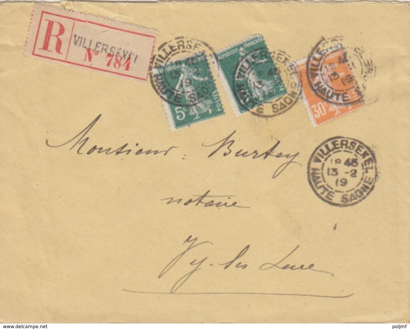 Semeuse N° 137x 2 , 141 Sur Lettre Rec. (R N° 784) Obl. Villersexel  Le 13/2/19 Pour Vy Les Lure - 1877-1920: Periodo Semi Moderno