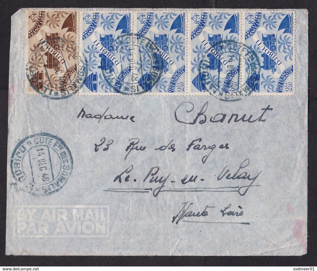 French Somalia: Cover Djibouti To France, 1948, 5 Stamps, Train, Locomotive, Ship (damaged, See Scan) - Brieven En Documenten