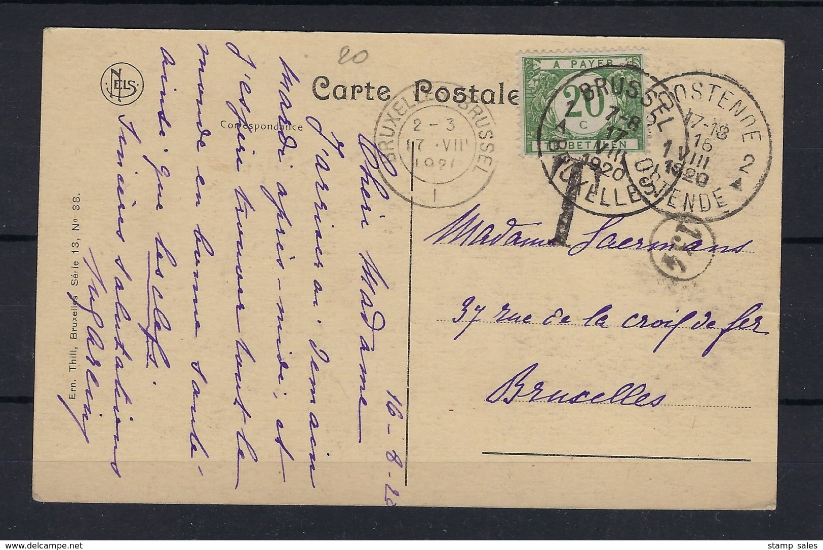 N°TX28 GESTEMPELD OP KAART Oostende 1920 COB € +10,00 - Lettres & Documents