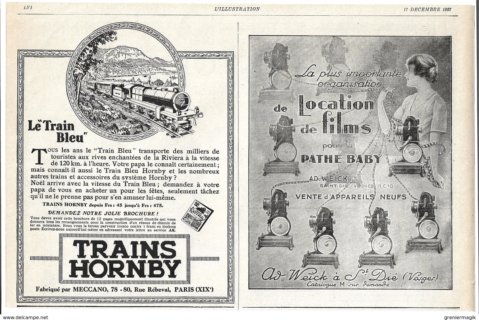 1927 Dentifrice Le Dentol Illustrateur Poulbot - Location De Films Pour Pathé Baby Weick à St Dié - Train Bleu Hornby - Publicités