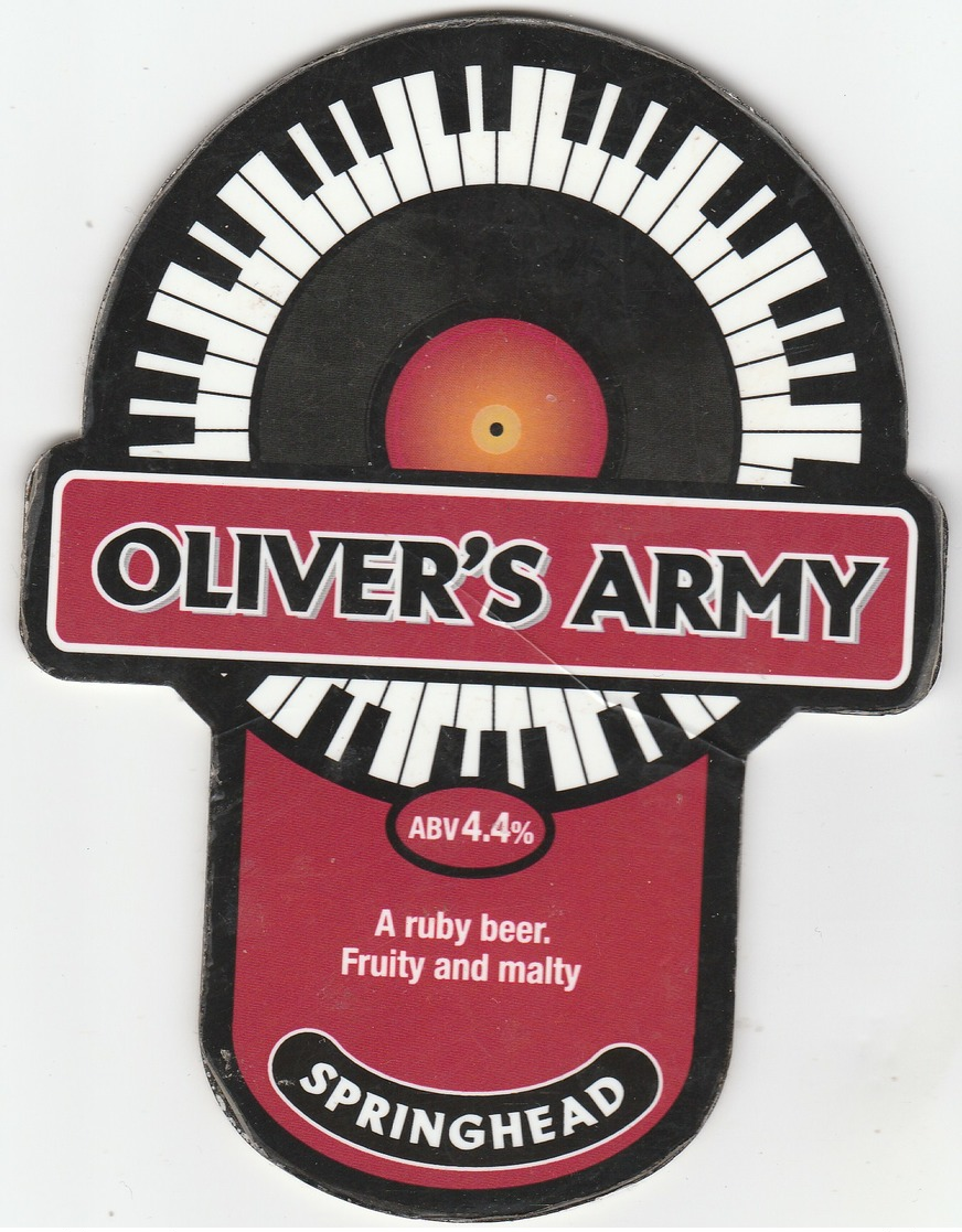 SPRINGHEAD BREWERY (LANEHAM, ENGLAND) - OLIVER'S ARMY - PUMP CLIP FRONT - Uithangborden