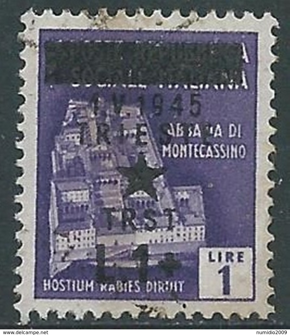 1945 OCC. JUGOSLAVA TRIESTE USATO 1 LIRA SU 1 LIRA - RA8-3 - Joegoslavische Bez.: Trieste