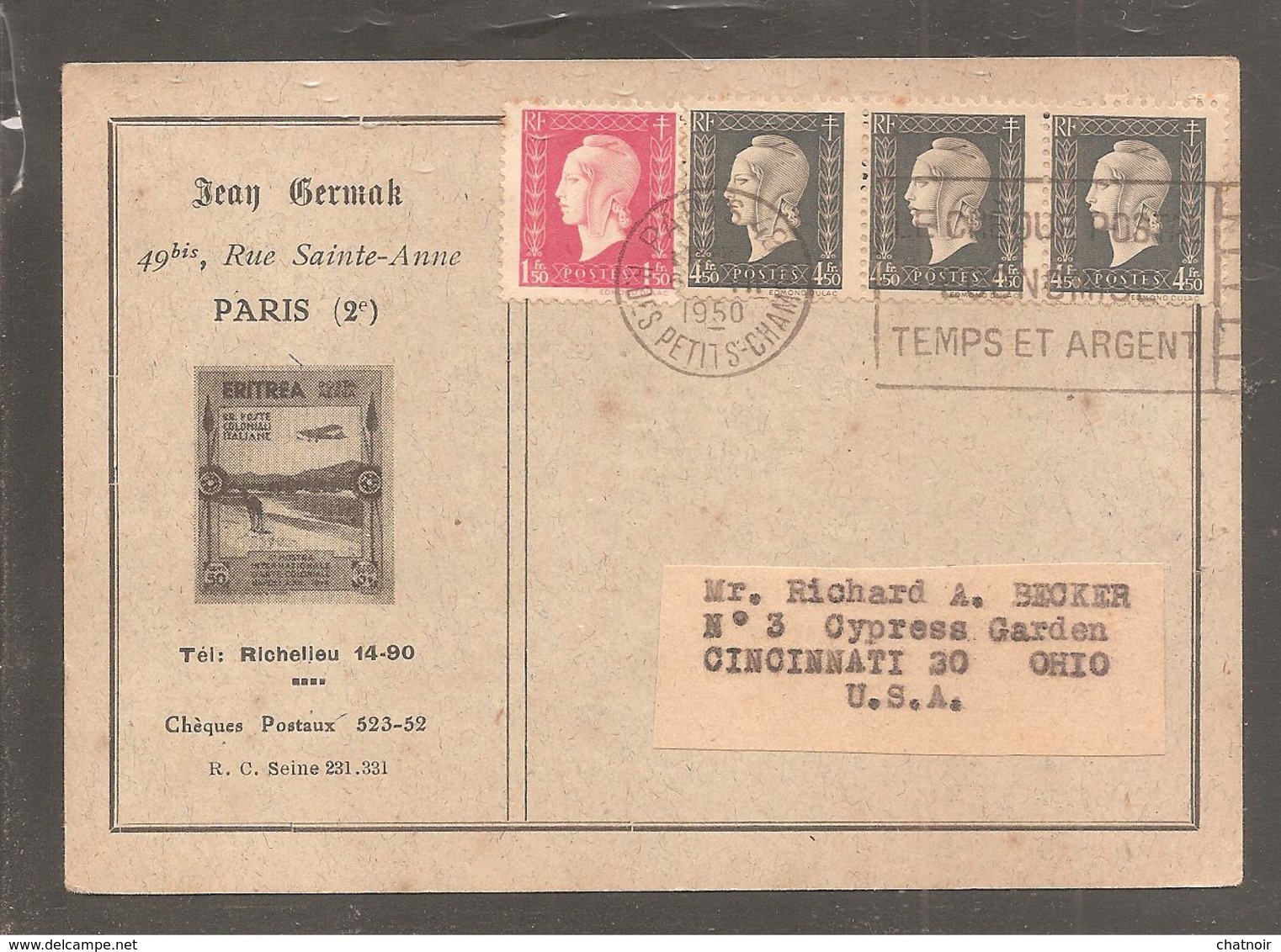Carte   Oblit PARIS   1950    1,50 / 4,50  X 3    Dulac   Pour Les U S A - Covers & Documents
