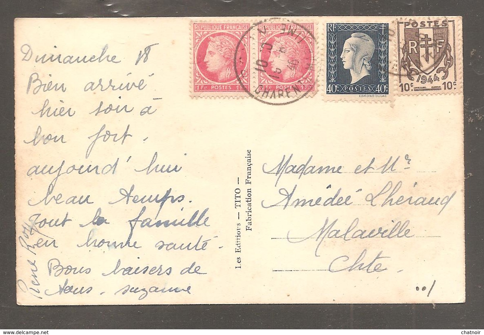 CP  ROYAN  LA POSTE  Oblit 1946    1fr Mazelin X 2  40c Dulac  10c Chaine - Lettres & Documents