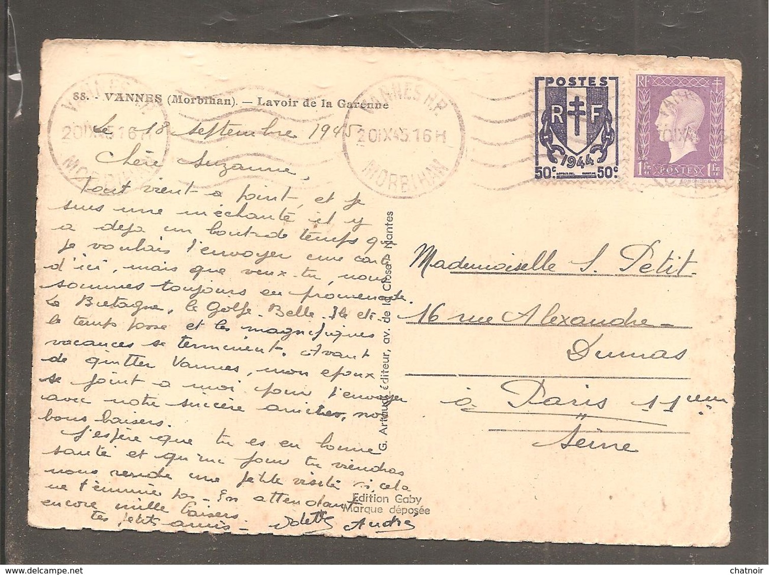 CP  VANNES  Lavoir De La Garenne  1fr Dulac  50c Chaine   Oblit Vannes 1945 - Covers & Documents