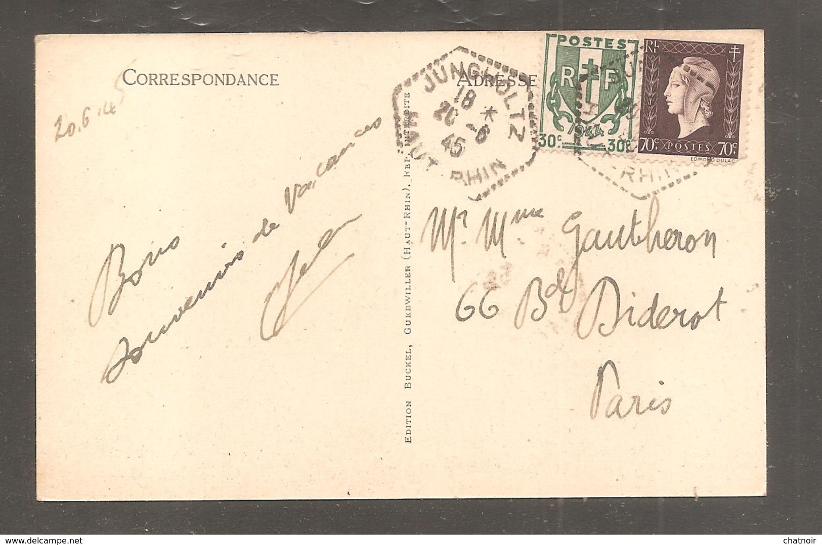 CP   GUEBWILLER   Oblit   Jungholtz  1945    70c Dulac   Et  30c Chaine - Storia Postale