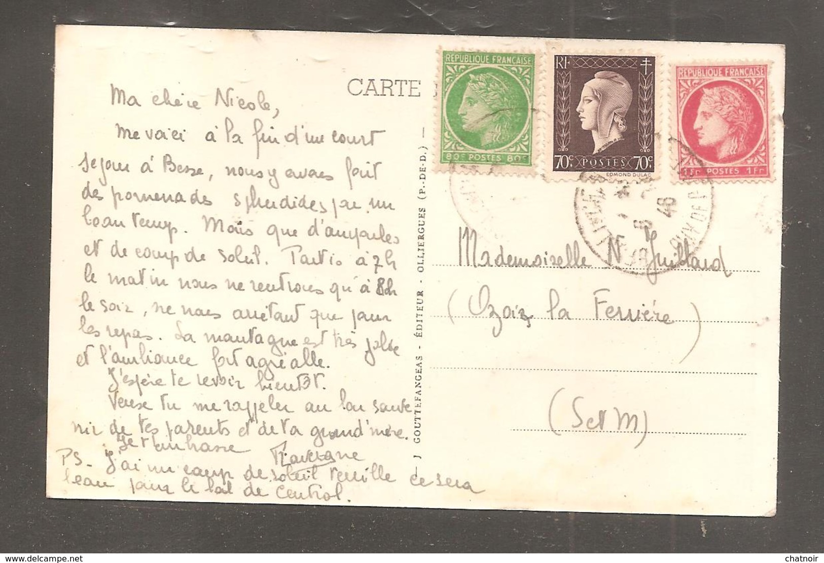 CP     BESSE   Puy De Dome   1946    80c Et 1 Fr Mazelin  70c  Dulac - Covers & Documents