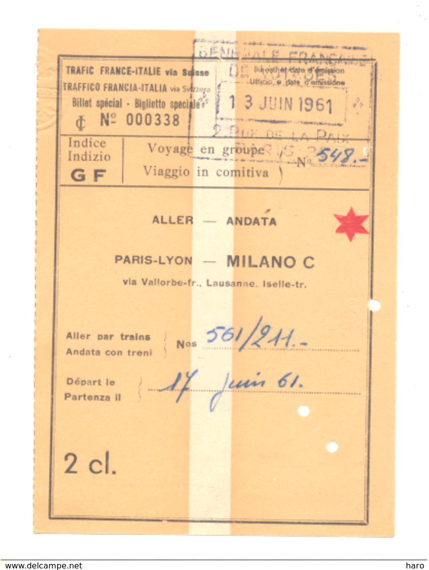 Ticket / Billet De Chemin De Fer - Train - Voyage, Paris - Lyon - Milano (Italie) 1961 (fr81) - Europe