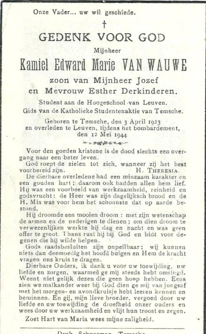 TEMSE-foto En Doodsprentje KAMIEL VAN WAUWE- Overleden Tijdens Bombardement In Leuven- Student- 21 Jaar - Guerre, Militaire