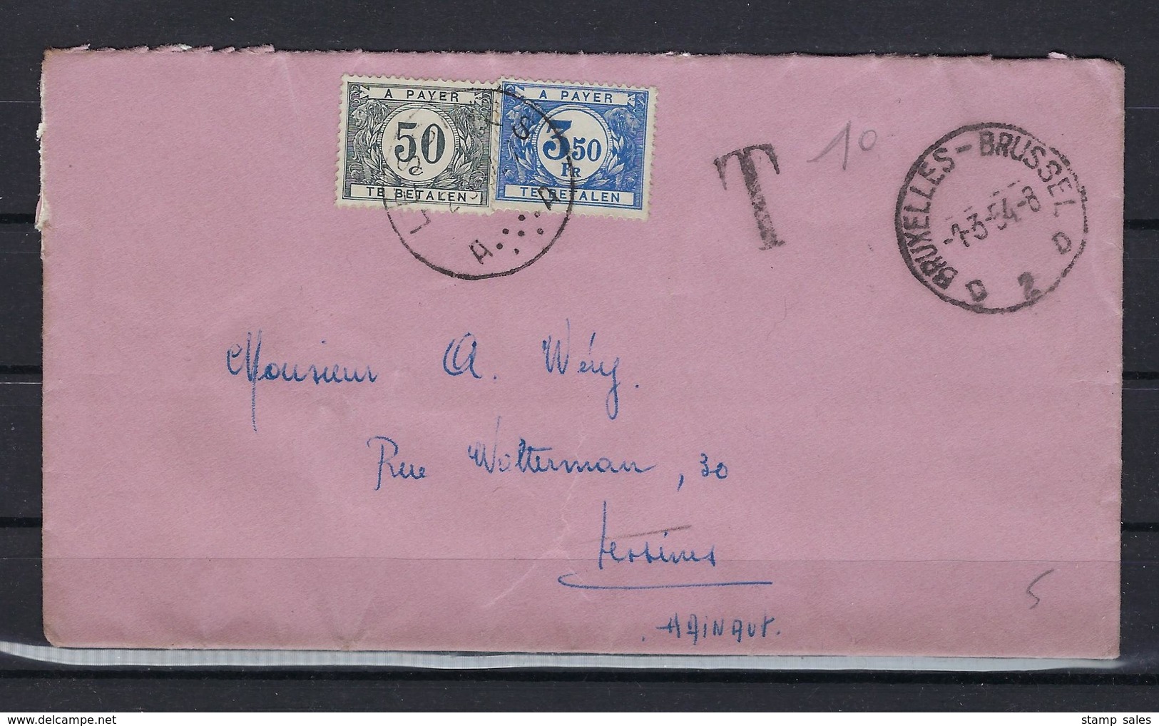 N°TX39+TX48 GESTEMPELD OP OMSLAG Bruxelles 1954 COB € +7,50 - Lettres & Documents