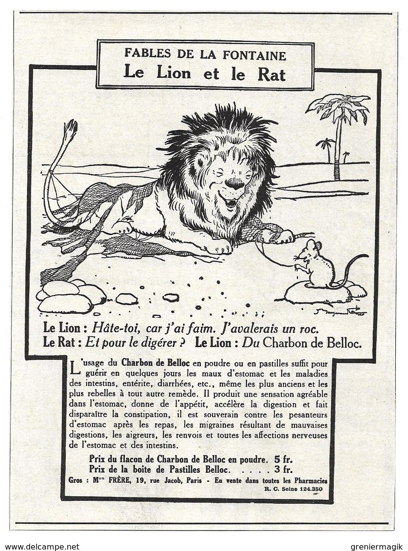 1924 Charbon De Belloc Illustrateur Benjamin Rabier - Le Lion Et Le Rat - Fables De La Fontaine - Publicité - Advertising