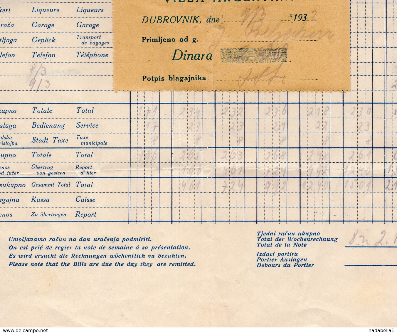 1932 YUGOSLAVIA, CROATIA, DUBROVNIK, VILLA ARGENTINA, INVOICE ON HOTELS LETTERHEAD, 1 FISKAL STAMP - Other & Unclassified