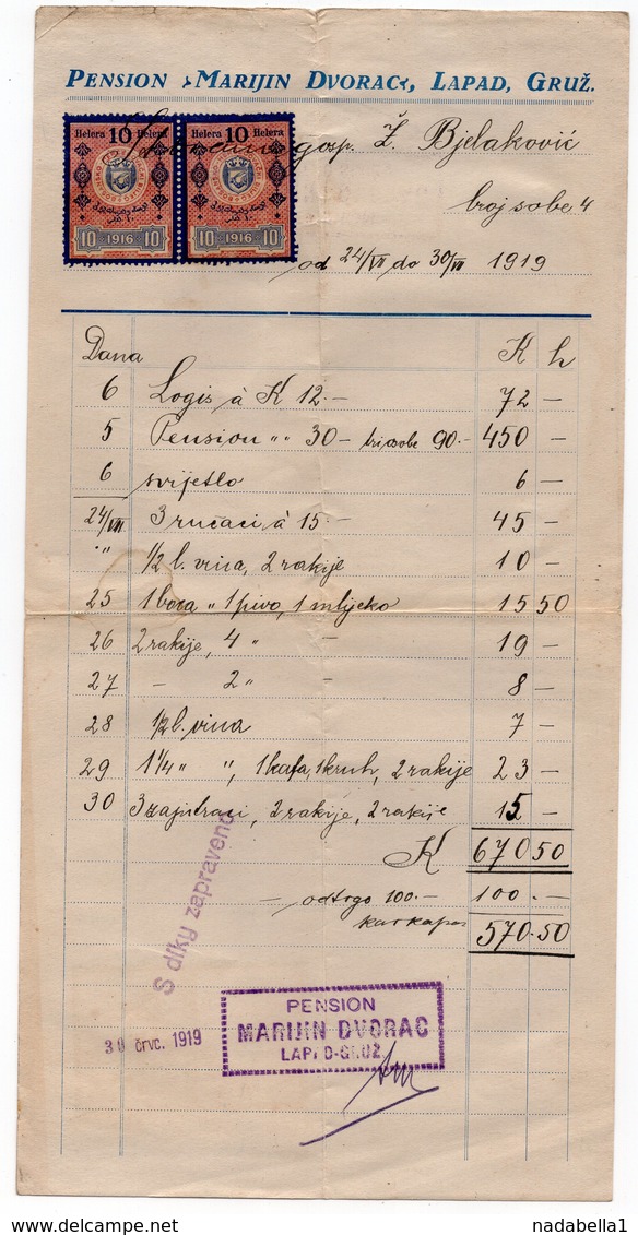 1919 YUGOSLAVIA, CROATIA, DUBROVNIK, PANSION MARIJIN DVORAC, LAPAD, GRUZ, RECEIPT FOR THE SERVICES - Other & Unclassified