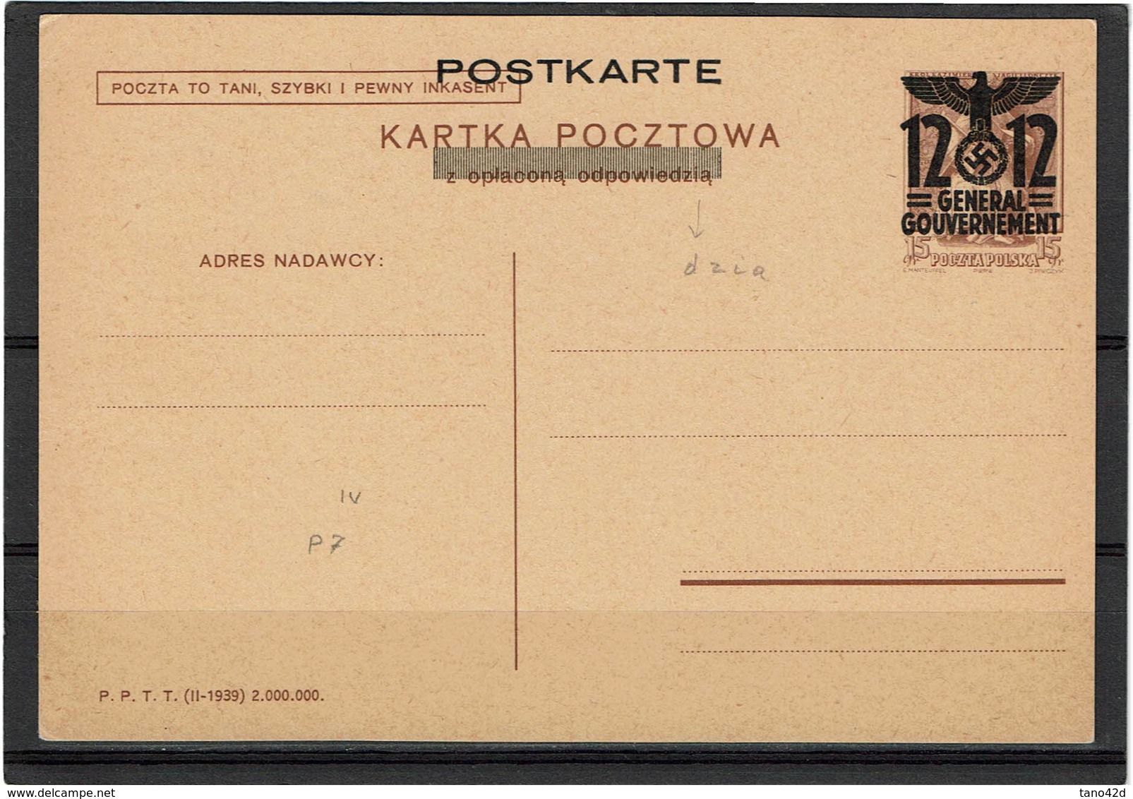 FAL12 - POLOGNE GENERALGOUVERNMENT CARTE POSTALE MICHEL N° P7F  NEUVE - Generalregierung