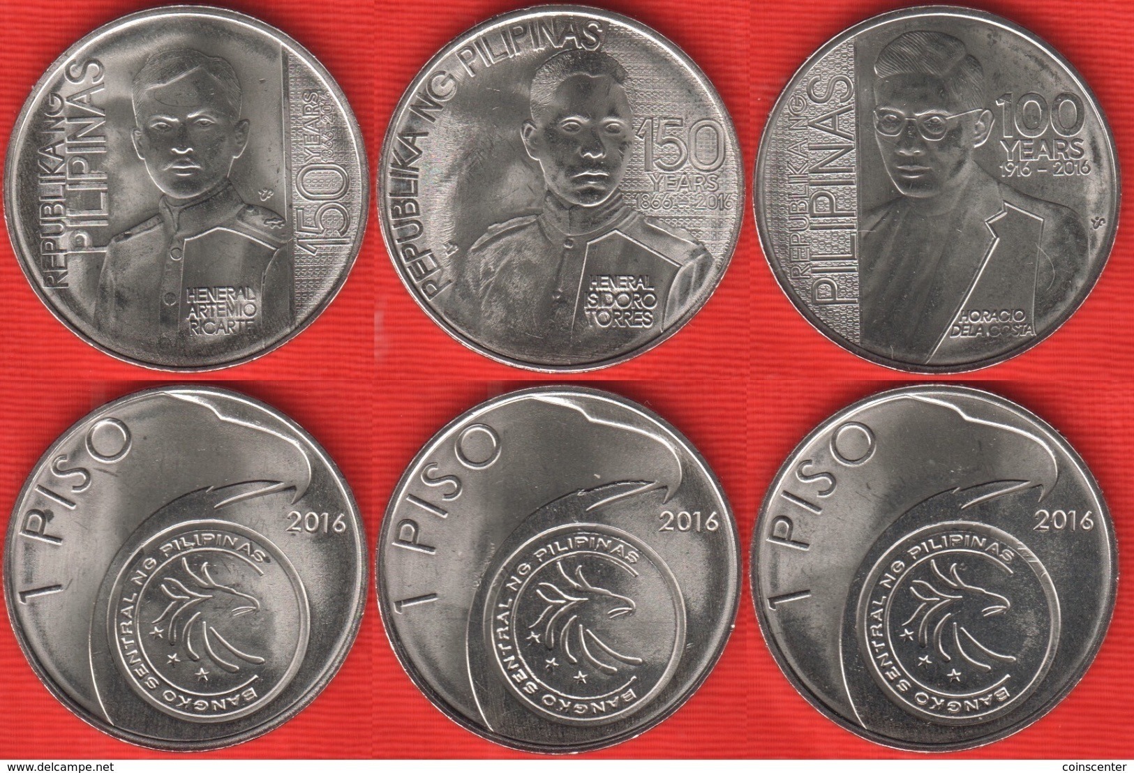 Philippines Set Of 3 Coins: 1 Piso 2016 "Ricarte, Costa, Torres" UNC - Philippinen