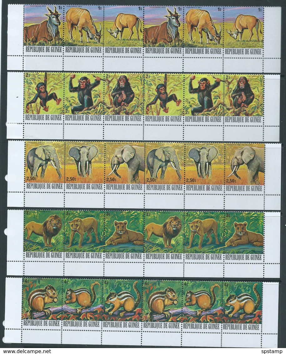 Guinea Guinee 1977 Fauna Wildlife Animals Postage Issue Part Set Of 5 Base Marginal Strips Of 6 (with Strips X 2) MNH - Guinea (1958-...)