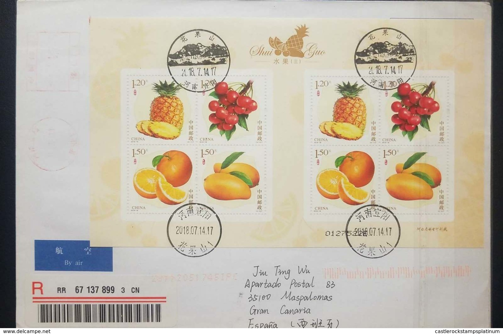 O) 2018 CHINA, FRUITS- SHUI GUO, AIRMAIL, REGISTERED TO SPAIN, XF - Covers & Documents