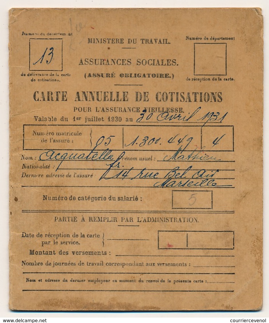 FRANCE - Feuillet Trimestriel Portant 25 Timbres + Carte Annuelle De Cotisations Portant 64 Timbres - 1931 - - Otros & Sin Clasificación