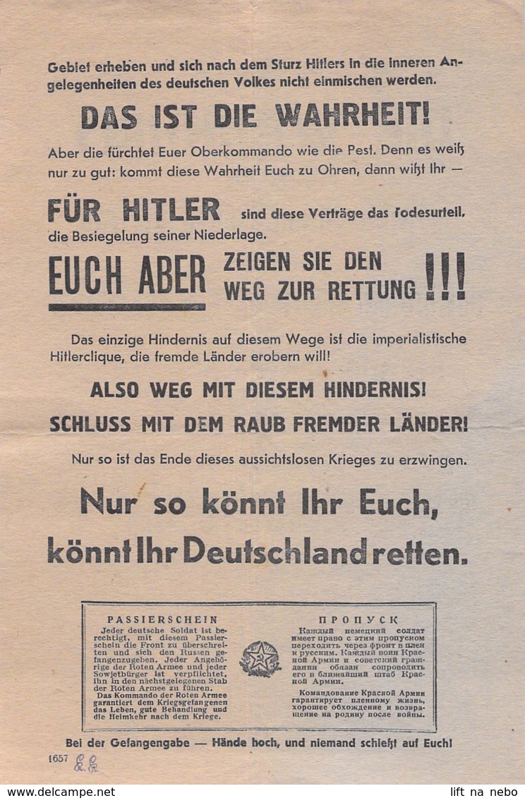 WWII WW2 Flugblatt Tract Soviet Propaganda Against Germany  CODE 1657 - 1939-45