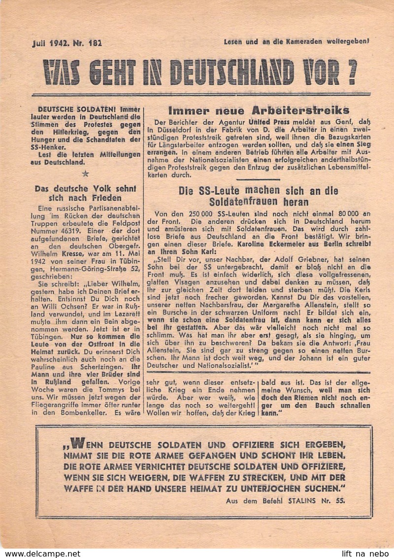 WWII WW2 Flugblatt Tract Soviet Propaganda Against Germany "Was Geht In Deutschland Vor?" Juli 1942 Nr. 182  CODE 1686 - 1939-45