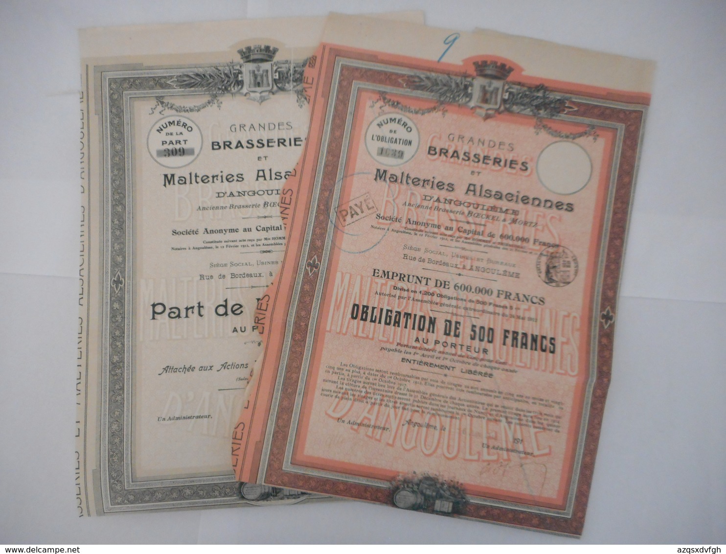 LOT De 2 BRASSERIES Et MALTERIES ALSACIENNES D'ANGOULEME 1914 - Other & Unclassified