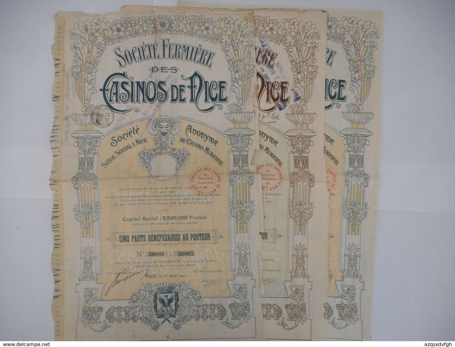 LOT De 3 Societe FERMIERE Des CASINOS De NICE 1910 - Tourisme