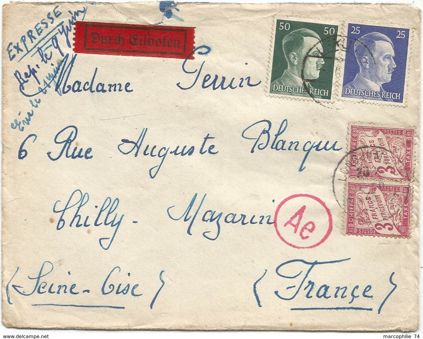 TAXE 3FR PAIRE LONGJUMEAU 1943 LETTRE EXPRES HORS COMMUNE HITLER 25C+50C BERLIN POUR CHILLY MAZARIN RARE - 1859-1959 Lettres & Documents