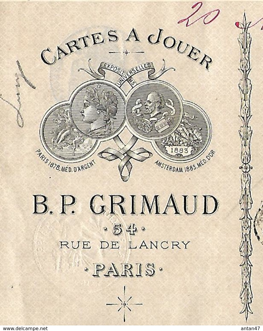 Facture + Traite + Enveloppe Commerciale 1889 / PARIS / GRIMAUD / CHARTIER / Brevet Invention /Cartes à Jouer "Opaques" - 1800 – 1899