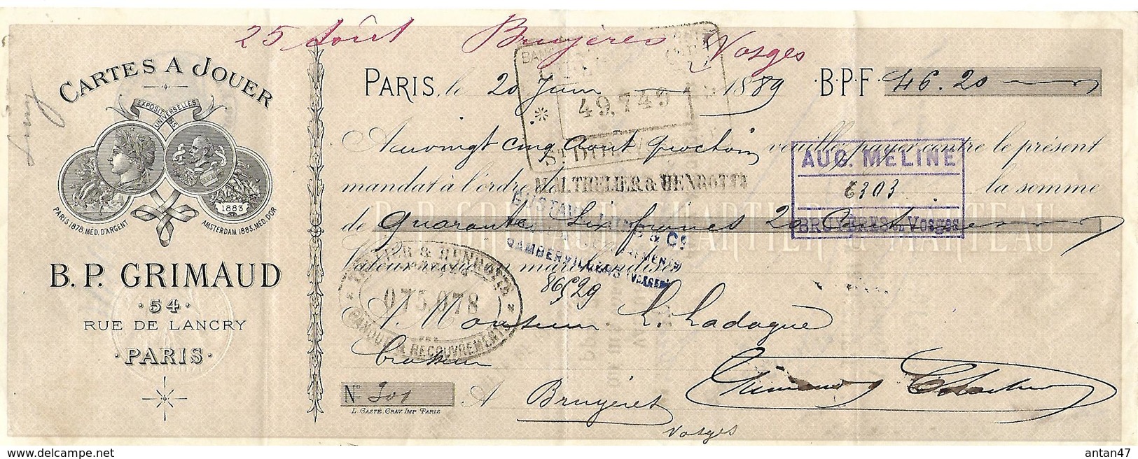 Facture + Traite + Enveloppe Commerciale 1889 / PARIS / GRIMAUD / CHARTIER / Brevet Invention /Cartes à Jouer "Opaques" - 1800 – 1899