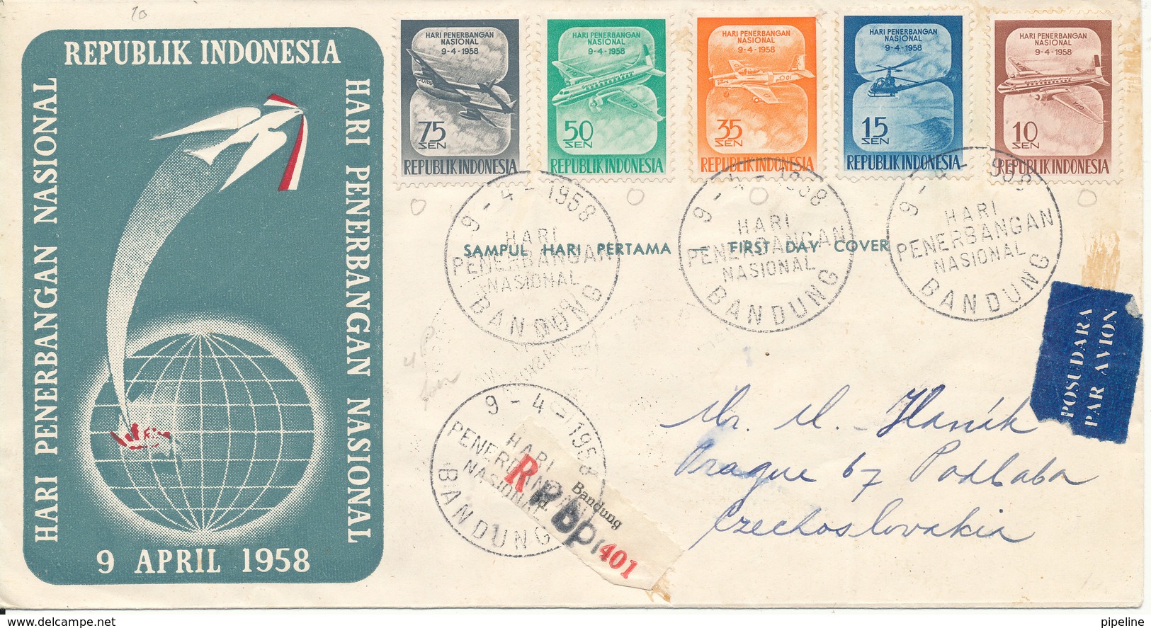 Indonesia Registered FDC 9-4-1958 National Aviation Day With Cachet Sent To Czechoslovakia (senders Address Is Cut Of Th - Indonesia