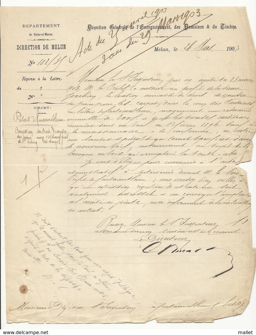 Courriers (Melun, 1903) Relatif à La Vente De Pain à L'étang Aux Carpes Du Palais De Fontainebleau - 3 Feuilles - Documents Historiques