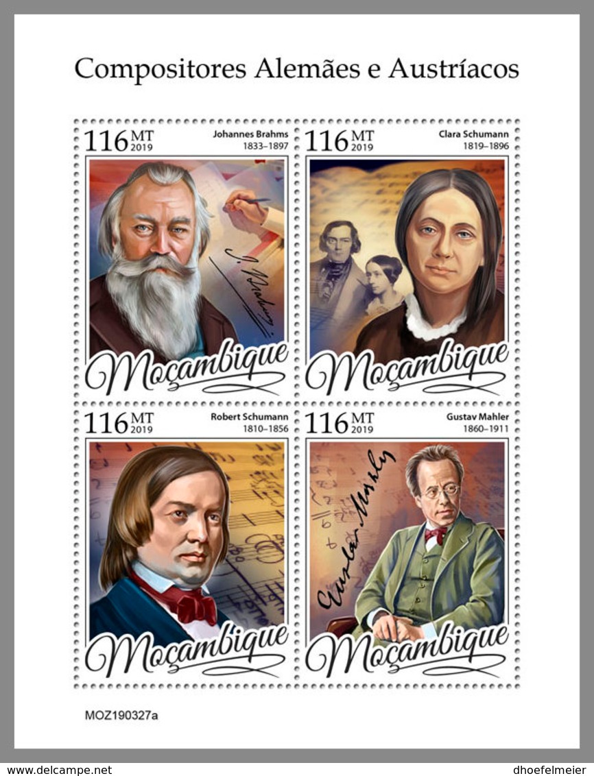 MOZAMBIQUE 2019 MNH Brahms Clara Schumann Robert Schumann Mahler Composers M/S - OFFICIAL ISSUE - DH1926 - Music