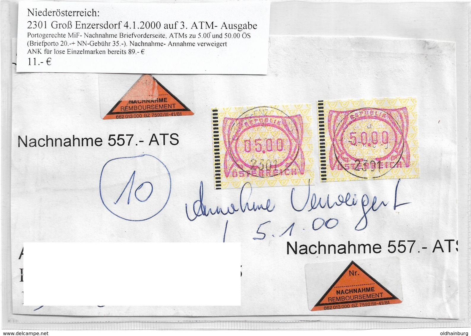3099c: Heimatbeleg Nachnahmebrief Briefvorderseite 2301 Groß Enzersdorf 4.1.2000 - Gänserndorf