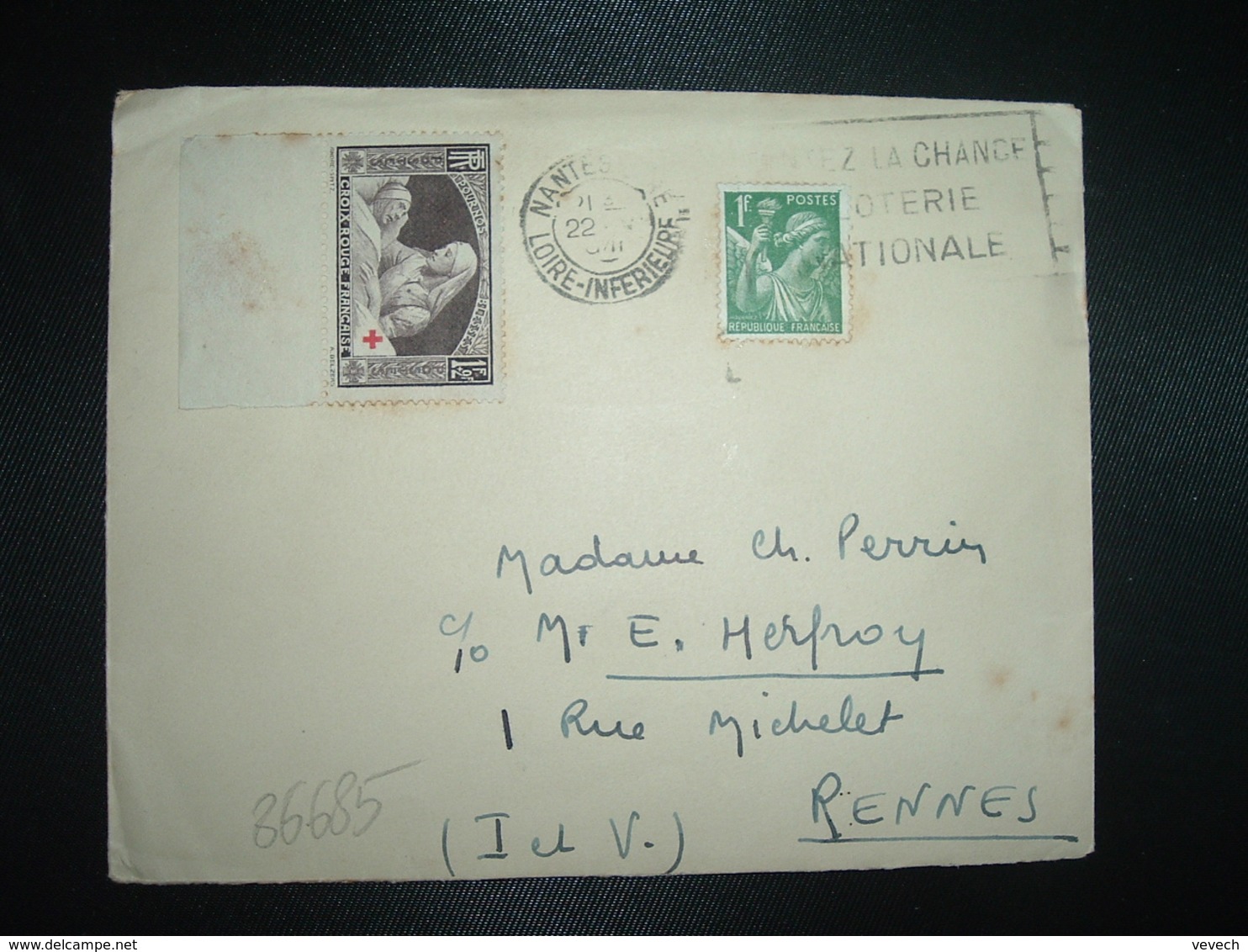 LETTRE TP IRIS 1F OBL.MEC.22 V 1941 NANTES GARE (44) TENTEZ LA CHANCE LOTERIE NATIONALE + TP POUR NOS BLESSES 1F+2F - 1921-1960: Periodo Moderno