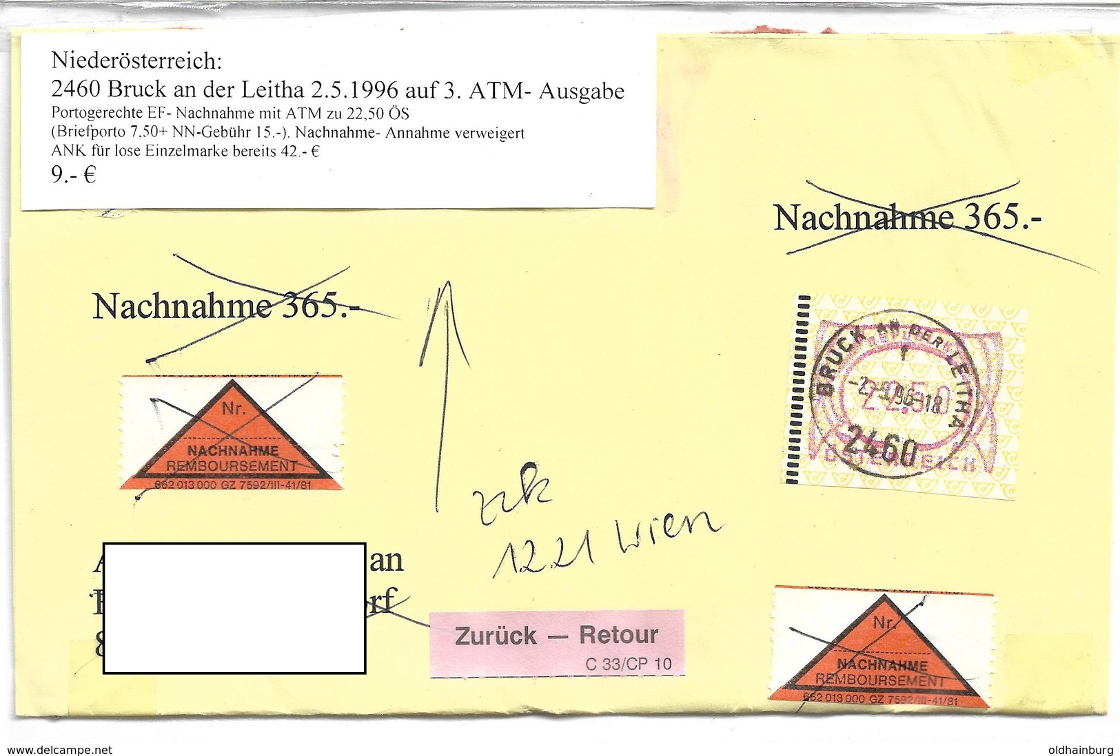 3099j: Heimatbeleg Nachnahmebrief 2460 Bruck An Der Leitha 2.5.1996 - Bruck An Der Leitha