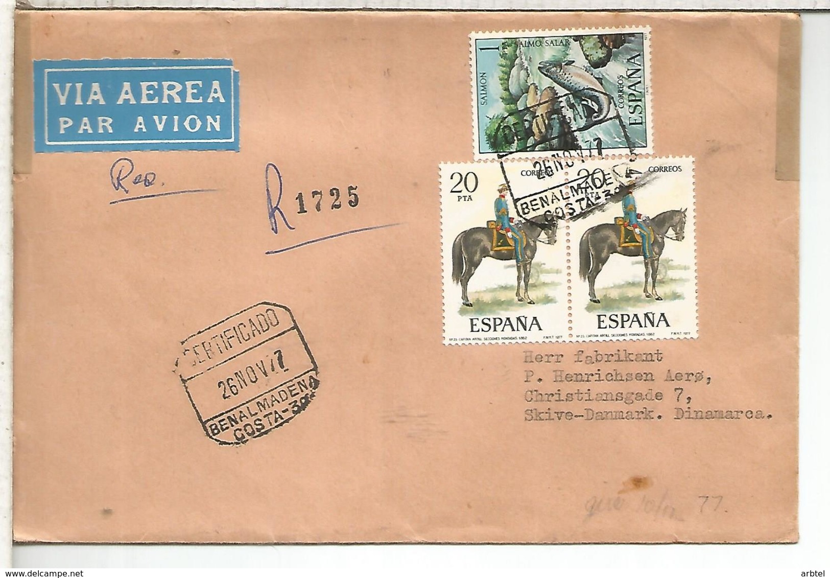 BENALMADENA MALAGA C C CERTIFICADA SELLOS SALMON FISH SOLDADO A CABALLO MILITAR HORSE - Cartas & Documentos