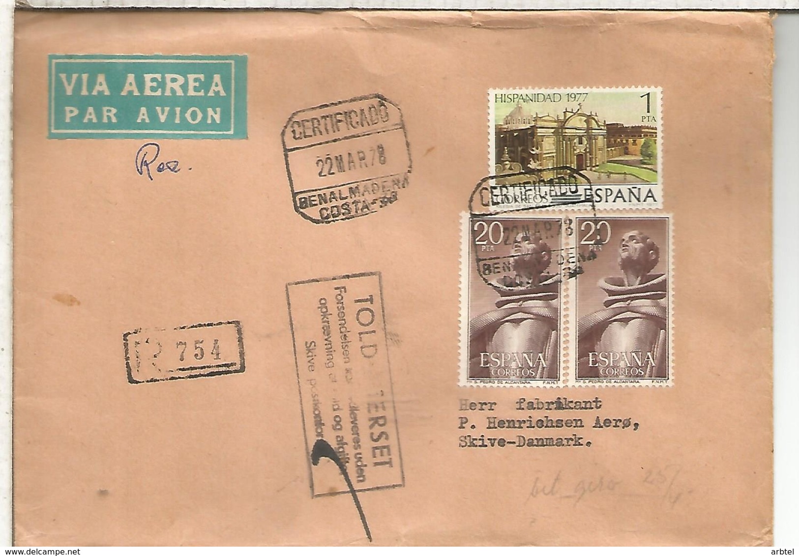 BENALMADENA MALAGA C C CERTIFICADA SELLOS SAN PEDRO DE ALCANTARA RELIGION HISPANIDAD 1977 - Cartas & Documentos