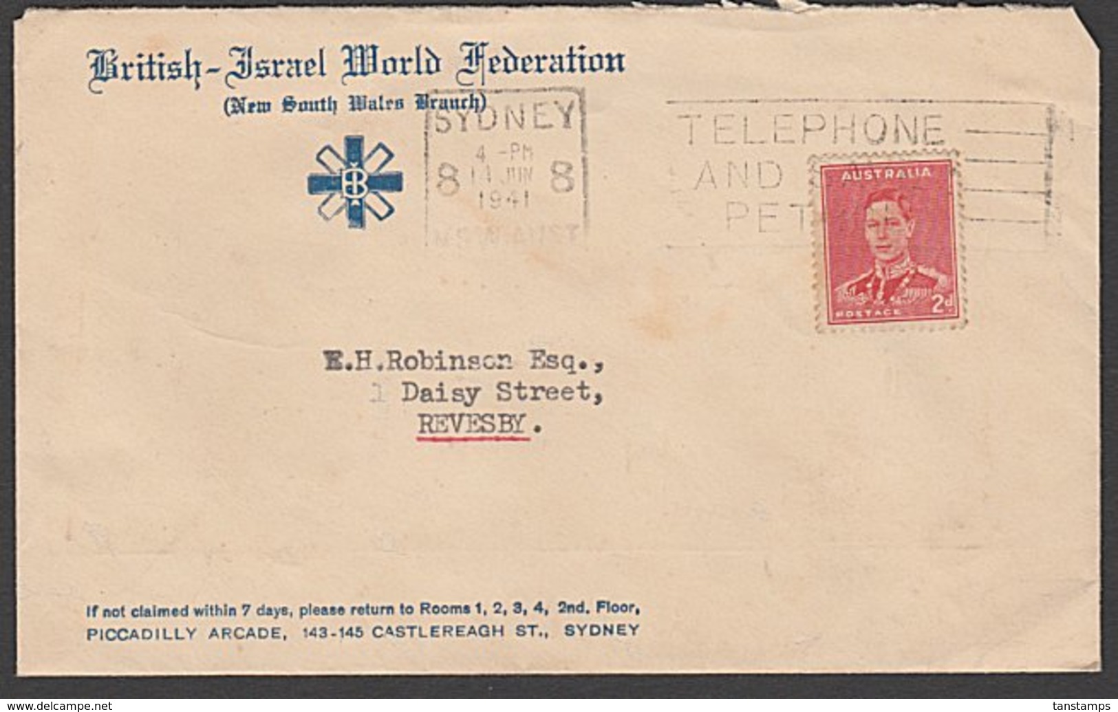 AUSTRALIA 1941 JUDAICA BRITISH ISRAEL WORLD FEDERATION STATIONERY COVER - Covers & Documents