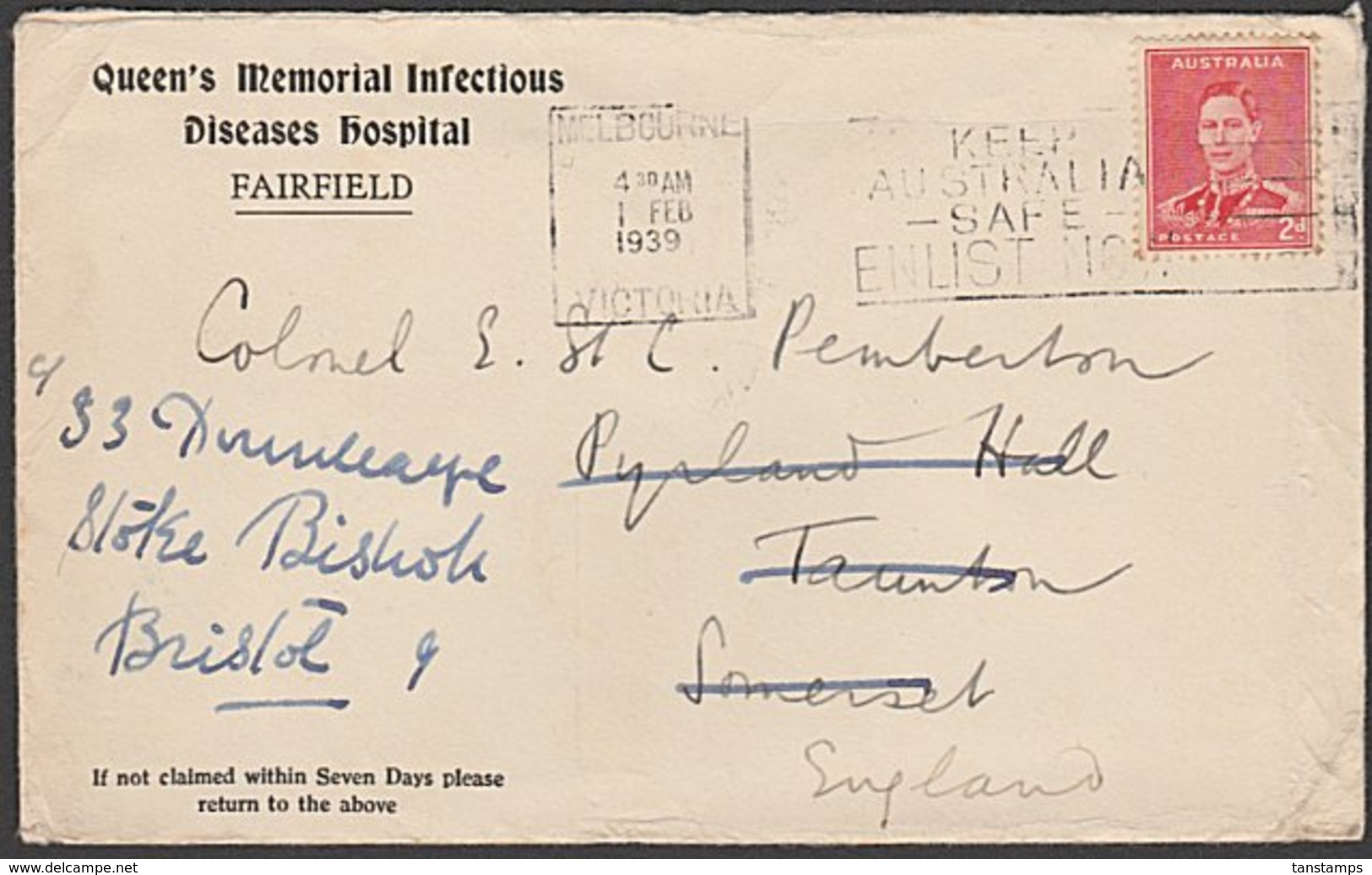 AUSTRALIA - ENGLAND 1939 REDIRECTED HOSPITAL COVER INFECTIOUS DISEASES FAIRFIELD - Covers & Documents