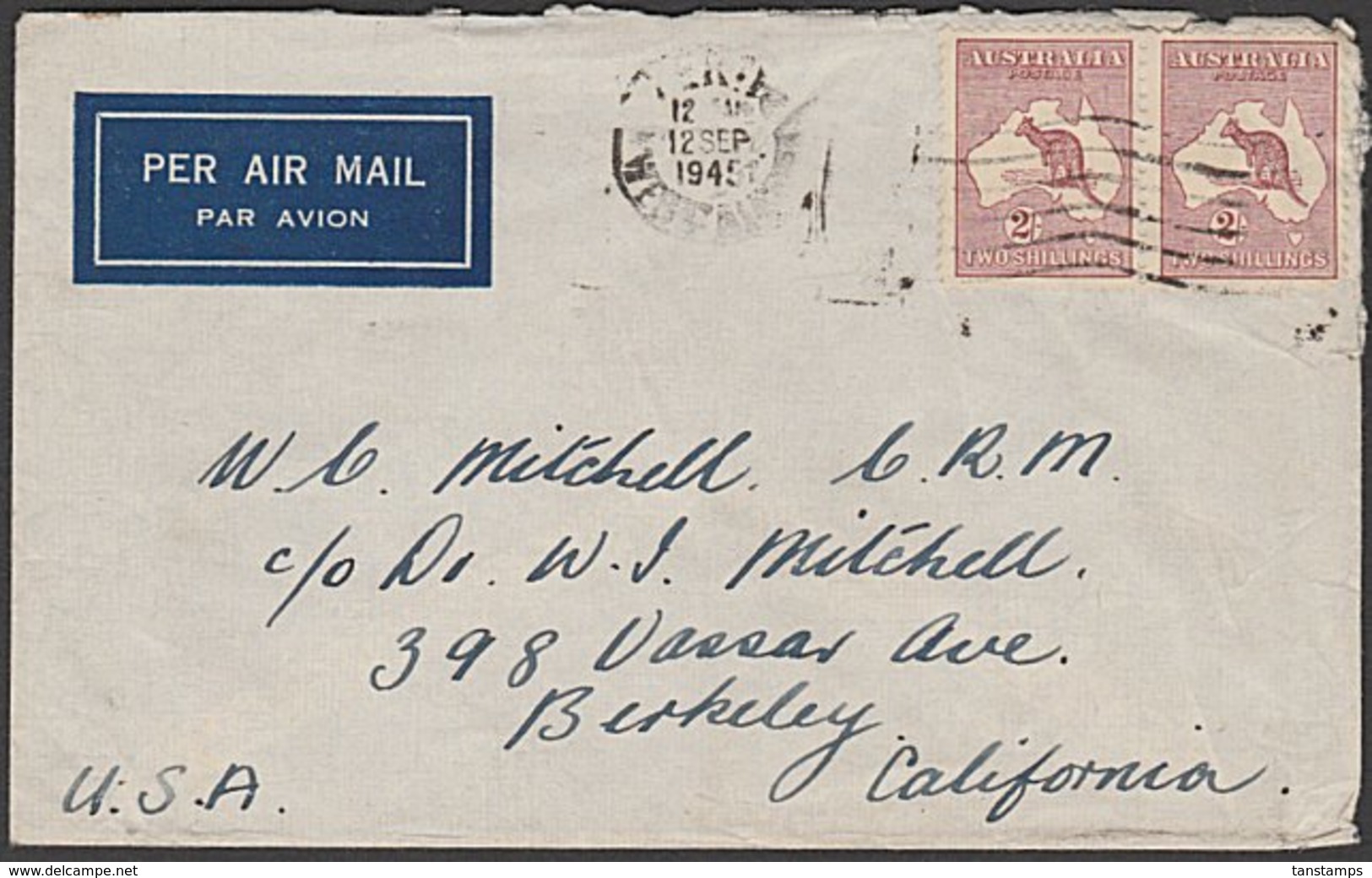 AUSTRALIA - USA 1945 ROO AIRMAIL COVER 4s RATE - Covers & Documents