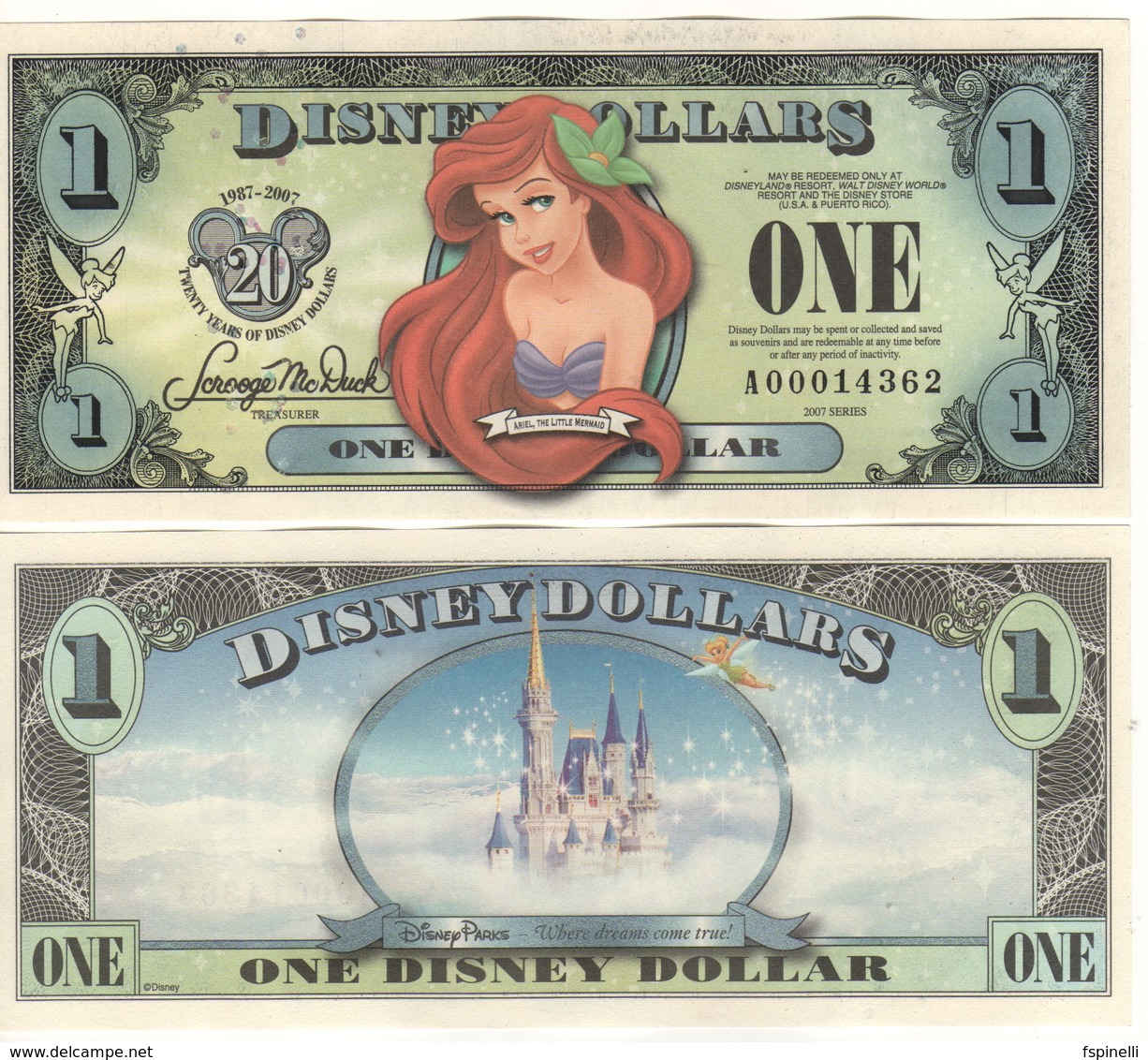 USA   DISNEY $ 1  ARIEL The LITTLE MERMAID   Serie A  2007     GENUINE - Colecciones Lotes Mixtos